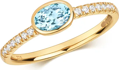 Produktbild von Solitärring für Damen, 375/1000 Gold, mit brillantgeschliffenem Diamanten (0,10 Karat) und Aquamarin, Größe 49 (15,6); Artikelnummer: TRS32257RSJ