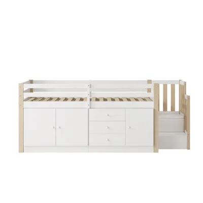 Produktbild von Flieks Etagenbett 90x200cm mit Schrank und Schubladen, Hochbett Kinderbett mit Kleiderschrank, Holzbett Einzelbett mit Rausfallschutz & Treppe, Weiß