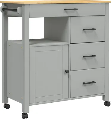 A grey kitchen cart with a wooden top and black handles is shown against a white background.