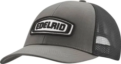 Grau-schwarze Cap von Edelrid mit einem großen; gestickten Logo auf der Vorderseite.