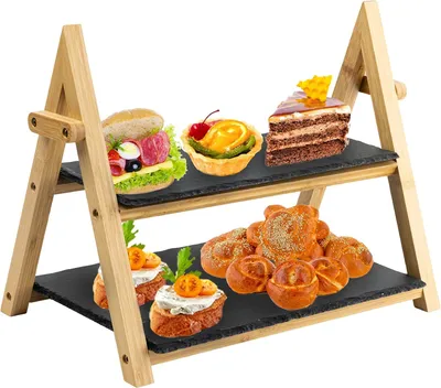 Image de Support de service 2 niveaux Ardoise - Plateau à tarte pliable - Afternoon Tea Desserts Gâteaux Sushi - Présentoir à antipasti - 32cm x 41cm