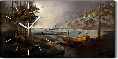 Produktbild von Leinwand Uhr Küche Wohnzimmer Bild 60x30 Waldlandschaft mit einem Boot - weiße Hände