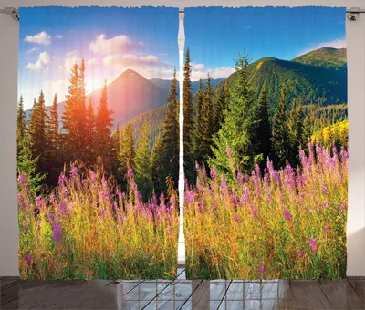Produktbild von ABAKUHAUS Natur Rustikaler Vorhang, Frühling blüht Berg, Wohnzimmer Universalband Gardinen mit Schlaufen und Haken, 280 x 260 cm, Grünes Rosa