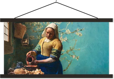 Produktbild von MuchoWow® Textilposter Milchmädchen - Mandelblüte - Van Gogh - Vermeer - Gemälde - Alte Meister 90x45 cm mit schwarzem Rahmen - Klemmleisten