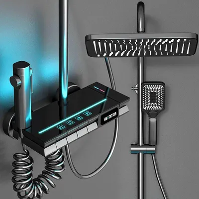 Obrázek produktu pro Sprchový systém do koupelny – sada s LED dešťovou sprchou a vanovou baterií – termostat – digitální displej – leštěná mosaz – otočná a výškově nastavitelná – černá