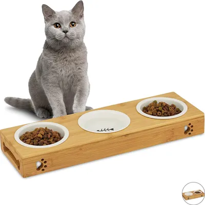 Produktbild von 3er Napfständer Bambus, Keramikschalen Wasser & Futter, spülmaschinenfest, Napfbar Katzen, kleine Hunde, natur, L
