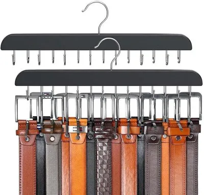 Produktbild von Ibenzoa® Massiver Holz-Gürtel- und Krawattenhalter, 14 drehbare verzinkte Haken, 36 x 10 cm, 2er-Set für Gürtel, Krawatten, Schals & Accessoires
