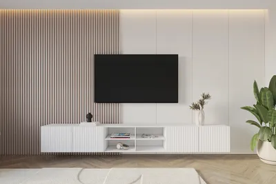 Produktbild von ALTDECOR TV-Schrank KITO-W mit Gefrästen Fronten 3x100x40x40 Lowboard hängend, TV Möbel, TV Cabinet, Fernsehtisch, Fernsehschrank, TV Kommode, TV Tisch, TV Sideboard, TV Board - Weiß