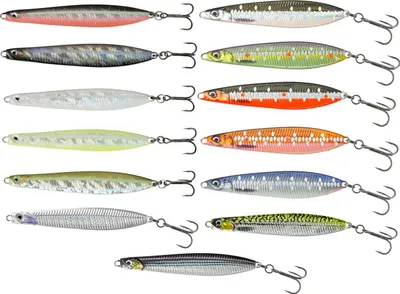 A collection of fishing lures arranged in rows against a white background.