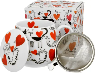 Produktbild von DUO ANIMALS Fassbecher 430 ml CAT’S WORLD – HEARTS mit Teesieb, New Bone China Porzellan