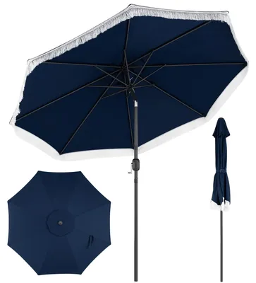 Produktbild von COSTWAY Sonnenschirm Boho, Gartenschirm Ø270cm sonnenschutz Marktschirm beidseitig um 30° knickbar, Balkonschirm mit Fransen & Kurbel, Terrassenschirm