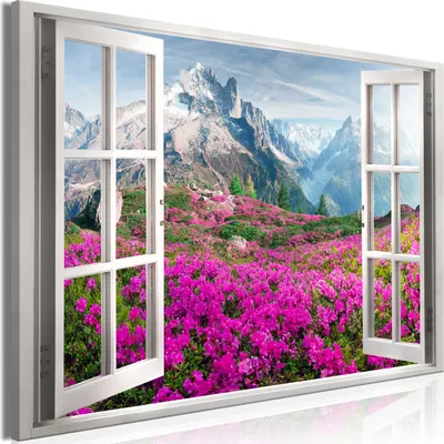 Produktbild von Modernes Wandbild Fensterblick 120x80 - 1 Teile Bilder Fotografie auf Vlies Leinwand Foto Bild Dekoration Wand Bilder Kunstdruck Gebirge Berge Natur Blumen c-C-0402-b-a
