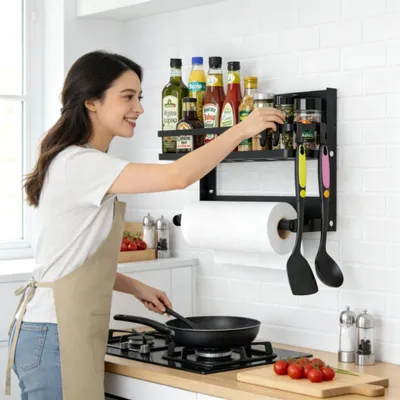 Image de Étagère de cuisine sans perçage, avec porte-rouleaux de cuisine et 4 crochets amovibles, multifonctionnelle, pour la cuisine
