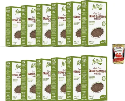 Produktbild von Felicia, Pasta Cous Cous di Grano Saraceno Integrale, Vollkornnudel, reiche Quelle für Ballaststoffe und Mineralsalze, Magnesium und Mangan, Veganer, 12x 300 g + Italian Gourmet polpa 400g