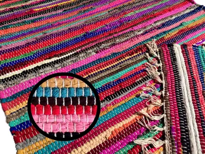 Produktbild von Bunter Teppich Handgewebt aus Indien Restbaumwolle Kelim in diverse Größen, Größe Teppiche:200 x 130 cm