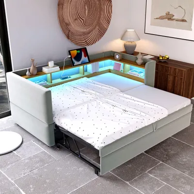 Immagine prodotto di Letto imbottito Sweiko Divano letto 90/180*190cm, dotato di luci LED, prese e numerosi vani portaoggetti, letto imbottito, divano letto multifunzionale, letto singolo, grigio chiaro.