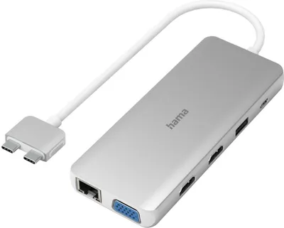 Zdjęcie produktu dla Hama 00200133, USB 3.2 Gen 1 (3.1 Gen 1) Type-C, 10,100,1000 Mbit/s, Srebrny, Biały, MicroSD (TransFlash), MicroSDHC, MicroSDXC, SD, SDHC, SDXC, HDMI, RJ-45, USB 3.2 Gen 1 (3.1 Gen 1) Type-A, USB 3.2 Gen 1 (3.1 Gen 1) Type-C, VGA, Aluminium