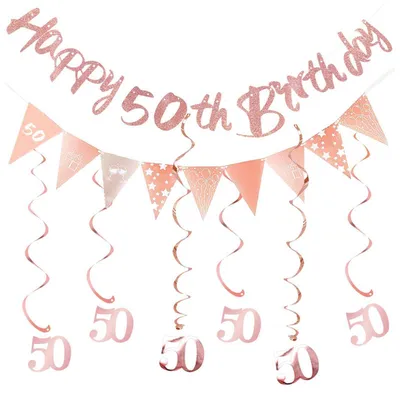 Image de Décoration pour 50e anniversaire, femme et homme, comprenant une guirlande et des serpentines, couleur or rose
