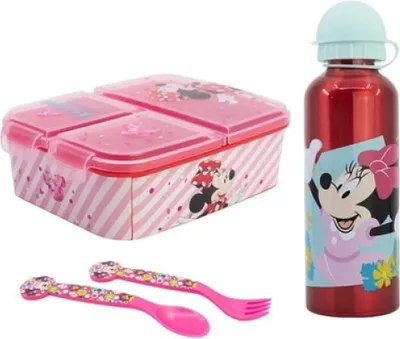 Produktbild von Disney Minnie Maus 4 tlg Lunch Set Brotdose Alu-Trinkflasche Besteck