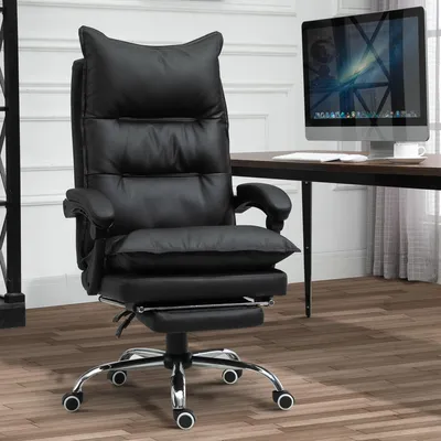 Produktbild von Bürostuhl mit Fußstütze ergonomisch, Schreibtischstuhl Kunstleder höhenverstellbar, Drehstuhl, Schwarz | 66x72x130 cm | 55–63 cm Sitzhöhe | 360°