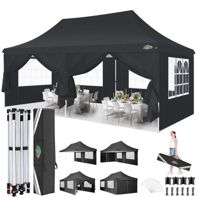 Productafbeelding van Paviljoen, 3x6 meter, waterdicht, UV50+ bescherming, 420D Oxford stof, zwart, met 6 zijwanden