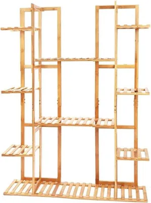 Productafbeelding van Famanu plantenstandaard - 9 niveaus - bamboe - geschikt voor 14 tot 17 potten - plank - bloempotrek - voor binnen en buiten - 90 cm x 122 x 20 cm