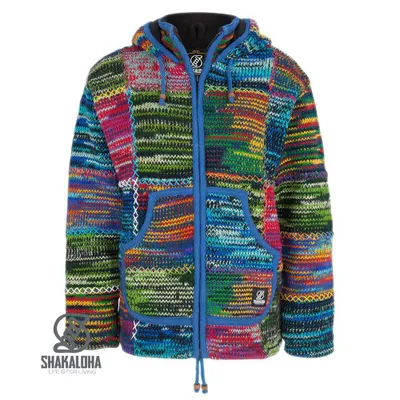 Immagine prodotto di Shakaloha Gilet in lana lavorato a maglia Patch ZH Pelliccia multicolore con fodera in pile e cappuccio rimovibile – Donna – Realizzato a mano in Nepal con lana di pecora