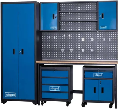 Produktbild von Scheppach Werkstatt-Modulsystem GWS08 Werkstattwand | genormte Lochung: 10 x 10 mm, 38 mm Lochabstand | 1600 x 500 mm Arbeitsfläche | inkl. Haken