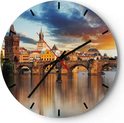 Produktbild von Wanduhr - Rund - Glasuhr - Prag brücke geschichte fluss - 40x40cm - Schleichendes Uhrwerk - Lautlos - zum Aufhängen bereit - Dekoration Modern - Wanddekoration aus Glas - C3AR40x40-2819