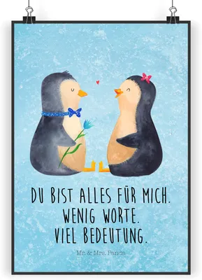 Produktbild von Mr. & Mrs. Panda Bild Pinguin Pärchen DIN A3 - Eisblau - Geschenk, Wandbild, wanddeko, Pinguine, drucke, Liebe, Plakat, Hochzeitstag, Hochzeit, kunstdruck poster