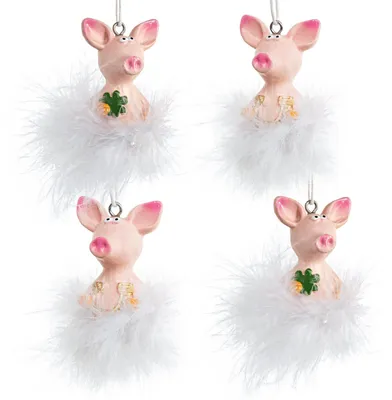 Produktbild von 4 Glücksschweinchen weiß rosa mit Federn Glücksbringer 7 cm
