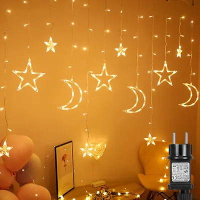 Produktbild von LED Stern Mond Lichtervorhang 3,5m Warmweiß Lichterkette 8 Beleuchtungsmodi Weihnachten Party Garten Deko