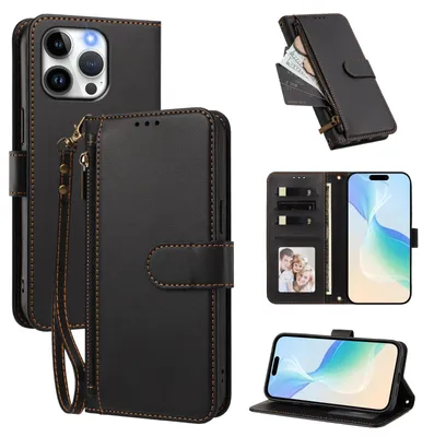 Obrázek produktu pro Peněženkové pouzdro pro iPhone 13 Pro,Polyuretankožené pouzdro s přihrádkami na karty, stojánkem a poutkem na ruku Černá