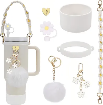 Produktbild von Weiß Cup Zubehör Set, Wasserflasche Griff Riemen, Siliocne Cup Stiefel, Cup Straw Cover Silikon Strohhalm Abdeckung, Siliocne Becher Stiefel, für Cup 800ml -1100ml Tumbler