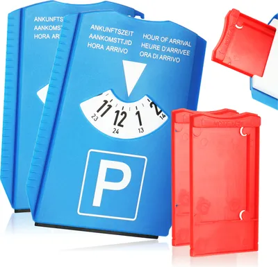 Produktbild von com-four® 2x Parkscheibe mit Eiskratzer, Gummilippe und Notfach für Unfallberichte und Einkaufswagenchips - Parkuhr aus Kunststoff