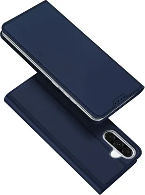 A dark blue flip case for a smartphone is shown with the phone inserted and the front cover open.