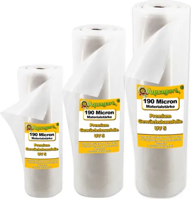 Three rolls of greenhouse film are displayed against a white background, each with a yellow label indicating product details.