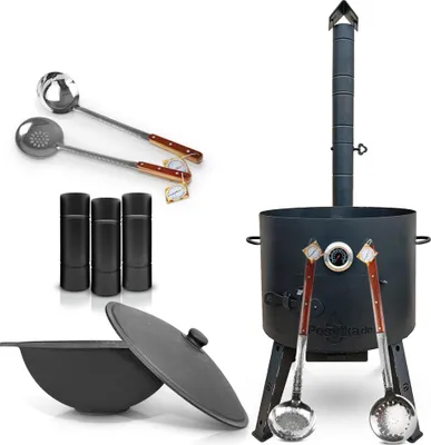 Produktbild von Utschak Uchag Feuerofen 49 cm 2 mm Stahl mit Usbekische Kazan 22 L Schaumlöffel