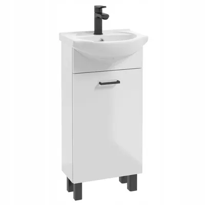 Zdjęcie produktu dla Szafka Łazienkowa z Umywalką 40 cm Czarne Nóżki Połysk Biała Stojąca Mała