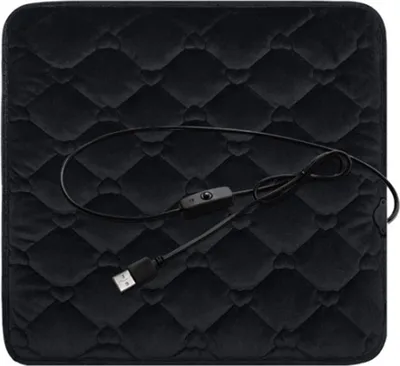A black, quilted USB-powered seat cushion with a cord and switch.