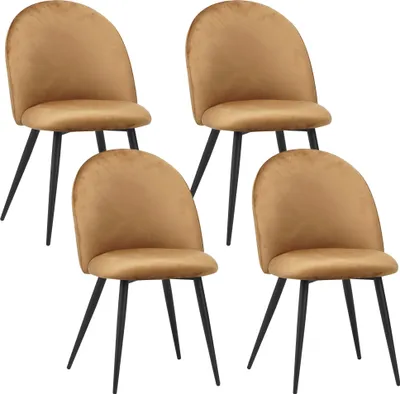 Four brown velvet dining chairs are arranged in a two-by-two formation against a white background.