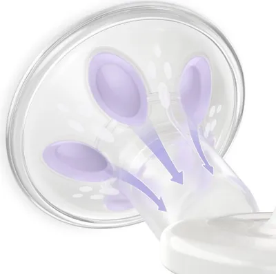 Close-up view of a breast pump flange with arrows indicating airflow.