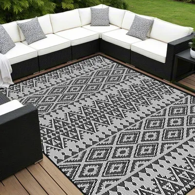 Immagine prodotto di Tappeto da esterno resistente alle intemperie, 180x270 cm, reversibile, resistente ai raggi UV, lavabile, pieghevole, in plastica, nero e bianco