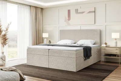 Produktbild von MEBLINI Boxspringbett mit Bettkasten - Gepolstert Doppelbett mit Matratze und Topper - Polsterbett mit Stauraum - Bett mit Kopfteil - Stauraumbett - ZLATAN - 140x200 - H4/Beige Webstoff