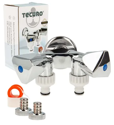Produktbild von tecuro Doppel-Geräteventil mit 2 Abgängen, Steckkupplungen, Wandrosette, PTFE-Dichtband, MS hochglanzverchromt