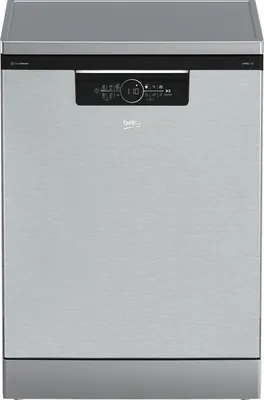 A front view of a silver Beko dishwasher.