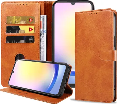 Immagine prodotto di Adatta alla custodia del telefono Samsung Galaxy A25 in ecopelle con labbro magnetico e portacarte a libro con patta - Marrone - Smartphonics