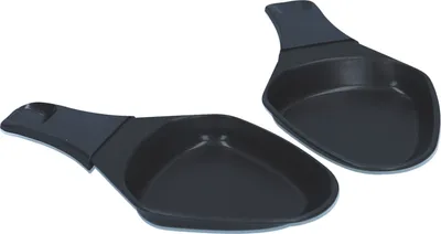 Two black raclette pans are shown against a white background.