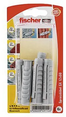Zdjęcie produktu dla Fischer SX, Wtyczka ścienna, Cegła, Beton, Foam concrete, Blok gipsowy, Nylon, Szary, 1,2 cm, 60 mm
