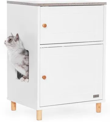 Image de Lit surélevé pour chats et chiens, lit surélevé en bois avec cachette, étagère de rangement et entrée, petite tour moderne pour chats et chiens, blanc